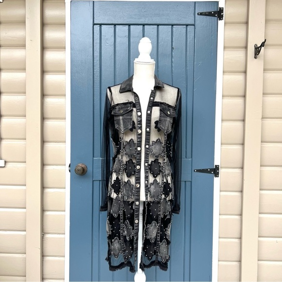 Adore Denim Floral Patchwork Sheer Duster Women Size Small - Picture 3 of 10
